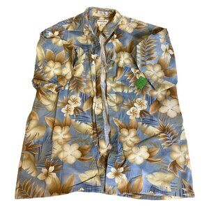 Pierre Cardin Mens Hawaiian Shirt L 100% Cotton Blue & Gold Floral Short Sleeve